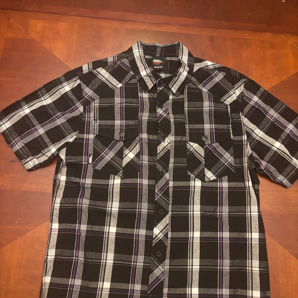 No Fear 90s Men's Medium Plaid Short Sleeve Button Up Shirt - Black Purple White - Picture 11 of 16